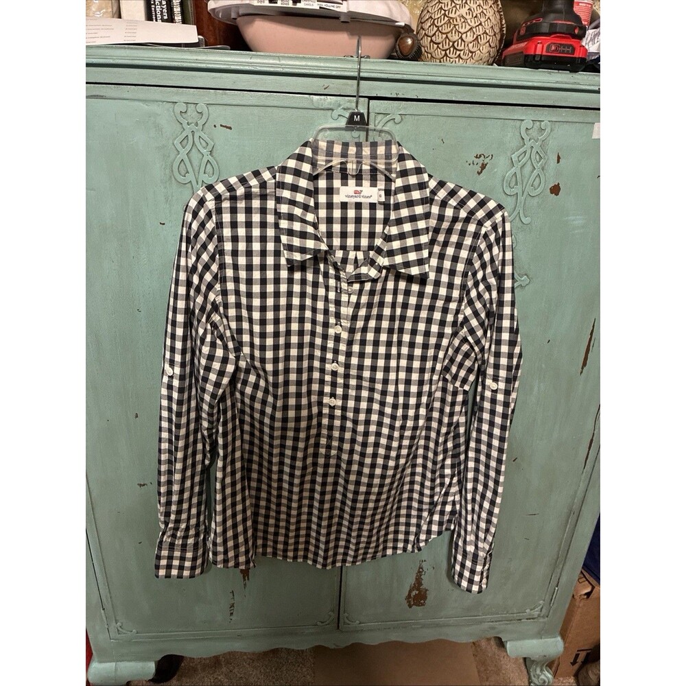 Vineyard Vines Shirt Womens 10 Black White Gingham Button Up Long Sleeve Check